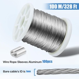 Wire Rope Stainless Steel Cable with Crimp Sleeves, 304 Stainless Steel Rope Curtain Rope Washing Line for Climbing Plants, Fence, Lights Hanging, Hanging Light (1 mm x 100 m - 100 Pieces)