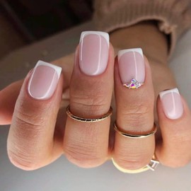 Short Square False Nails French Tip - 24Pcs Fake Nail with Rhinestones Designs - Stick on Nail White Pink - Press on Nails Removable Glue-on Nails Full Cover Gloss Artificial Women Girls Nail Art