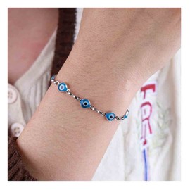 Yheakne Boho Evil Eye Bracelet Blue Eye Chain Bracelet Evil Eye Station Bracelets Silver Hand Chain Bracelet Lucky Eye Protective Jewellery for Women and Girls Gifts (Silver)