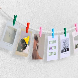 KLOGTSIND Hanging Photo Display Wall Decor, 3PCS Boho Wooden Bead Garland Collage Picture Frame with 9 Different Random Colors Wood Clips for Boho Bedroom, Living Room, Office, Dorm Decor