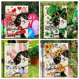 YOVOYOA Cute Black Cat Garden Flags for Outside Set of 12, Welcome Seasonal Garden Flags 12x18 Double Sided, Kitten Garden Flags for All Seasons and Holidays, Winter Spring Yard Flag for Holiday Decor