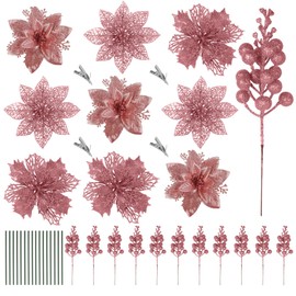 RECUTMS 66 Pcs 3 Styles Artificial Christmas Flowers Glitter Poinsettia Flowers Christmas Tree Ornaments Artificial Berry Picks with Clips for Xmas Wedding Wreath Decorations (Rose Gold)