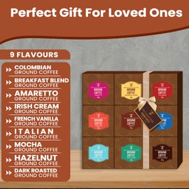 Coffee Gift Set - Gourmet Ground Coffee Gifts, 9 Assorted Flavours Including Amaretto Dark Roast French Vanilla Mocha Italian Colombian, Gifts For Coffee Lovers, Gifts For Men, Women, Gifts For Her
