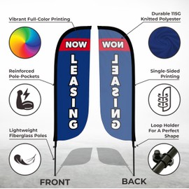 LookOurWay Feather Flag Pole Kit - 7 Feet Tall Advertising Banner with Fiberglass Pole Set and Ground Spike for Business Promotion - Real Estate Flags - Now Leasing Blue