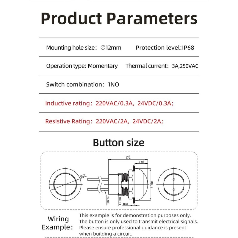 HBAN 12mm Momentary Push Button Switch, SPST 1NO 3A 250VAC,