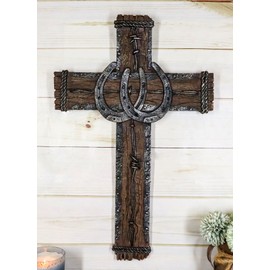 Ebros Gift 19" High Rustic Western 2 Lucky Horseshoes Wall Cross Decor Plaque With Vintage Barbed Wire And Braided Rope Design Sculpture Inspirational Catholic Christian Accent Decorative Crosses