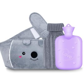 Hot Water Bottle with 2 Pack Soft Waist Cover, Rubber Pouch with Soft Plush Hand Waist Warmer Cover, Hot Water Bottle Belt for Neck, Shoulder, Back, Legs and Waist Warm (Grey Dog)