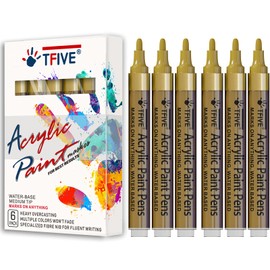 Gold Acrylic Paint Marker Pens - 2-3mm Medium Tip, 6 Pack Permanent Gold Water Based Paint Pen for DIY Projects, Paintings for Rock, Fabric, Wood, Leather, Metal, Ceramics, Paper, Glass, Plastic