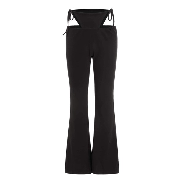 WDIRARA Women's Cut Out Wide Leg Flare Pants High Waist Stretch Self Tie Solid Long Pants Black S