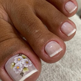 French Tip Press on Toenails, Short Fake Toenails Flower False Toenails with Leaves Designs White Toenail Tip Nude Pink Acrylic Toenails Spring Summer Stick on Toenails Full Cover Glue on Toenails