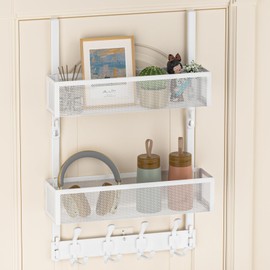 Aimeaihe Aimeaihe Over The Door Hooks Organizer, Door Hanger Towel Rack with 2 Baskets, Adjustable Over The Door Coat Rack, Back of Door Storage for Bedroom, Kitchen, Bathroom (White)