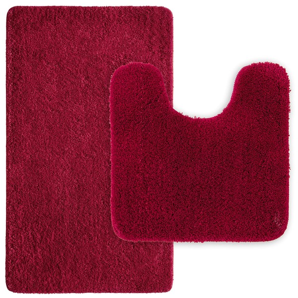 MIULEE Absorbent Bath Mat Set 2 Pieces Non Slip Bath Rug 40x60cm and U Shape WC Toilet Rug 45x45cm with High Hydroscopicity Rugs Super Soft Cozy and Shaggy Microfiber Rug Carpet for Bathroom Red