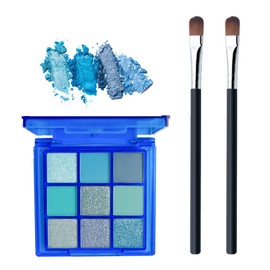 Vibrant Shimmer & Glitter Blue Eyeshadow Palette - Highly Pigmented, Long-Lasting Blue Glitter Eyeshadows with 2 Professional Eye Shadow Brushes