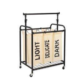 Udorich 3-Bag Rolling Laundry Sorter with Adjustable Hanging Bar, White