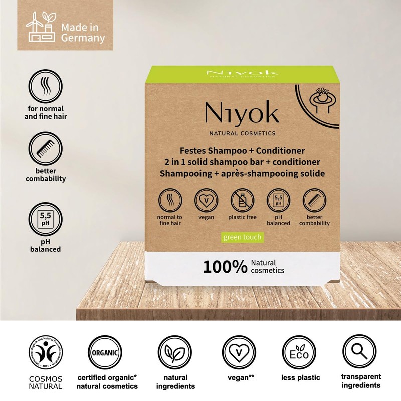 Niyok Natural Cosmetics 2-in-1 Solid Shampoo + Conditioner Bar, Green