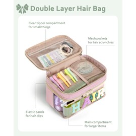Fasrom Organizador de accesorios para el cabello de doble capa, bolsa de maquillaje con carta de felpilla para el cabello, bolsa de cosméticos portátil de viaje para mujeres y niñas, rosa (solo bolsa