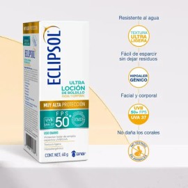 Eclipsol Ultra Loción de Bolsillo Facial y Corporal FPS 50, Hipoalergénica, UVBUVA, 60 g                                                              