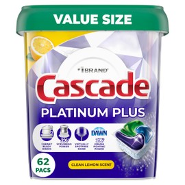 Cascade Platinum Plus Dishwasher Pods, Dishwasher Detergent, Dishwasher Soap, Dish Tabs, Dishwashing Tablets, Dish Detergent, Lemon, Actionpacs, 62 Count