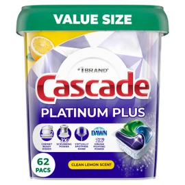 Cascade Platinum Plus Dishwasher Pods, Dishwasher Detergent, Dishwasher Soap, Dish Tabs, Dishwashing Tablets, Dish Detergent, Lemon, Actionpacs, 62 Count