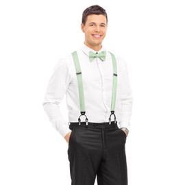 HISDERN Braces for Men Wide Bow Tie Pocket Square Set Elastic and Adjustable Length in Various Designs, sage green
