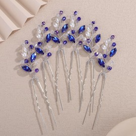 Teyglen 6pcs Blue Crystal Rhinestone Hair Pins with Pearl Bride Wedding Hair Pins Clips Bridal Crystal Hair Piece for Women Party Prom Hair Accessories Headpiece(Blue)