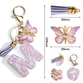 Keyring with Letter, Butterfly Pendant, Tassel Sequins, Women Keyring Gift, Girls Birthday Gift, Purple, m, Unit size