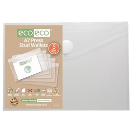 eco-eco A7 95% Recycled Clear Press Stud Popper Wallet, Plastic Folders (Pack of 5), eco154