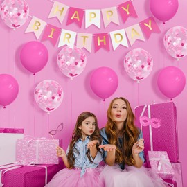 Pink Happy Birthday Decoration Supplies Girls Happy Birthday Banner Bunting 20 Pack 12 Inch Large Latex Pink Confetti Balloons