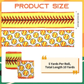 2 Rolls 10 Yards Softball Wired Edge Ribbon 2.5 Inch Sports Ball Fabric Ribbon Red Yellow Softball Pattern Ribbon for Team Wreath Bow, Gift Wrapping, Sports Events, Theme Party Decoration