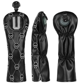 Golf Club Head covers Hybrid Utility Rescue with Interchangeable Number Tag 23456 UT Elastic Closure Black PU Leather Skull Pattern