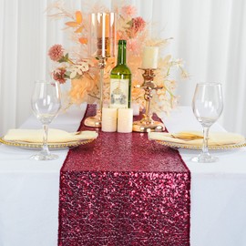 ShinyBeauty Burgundy Sequin Table Runner, Burgundy Baby Shower Decorations, Glitter Wedding Table Runner, Linen Table Runner, Wine Christmas Table Runner, Party Supplies (12 x 72 Inches, Burgundy)