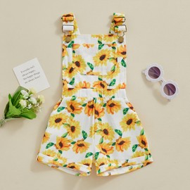 Afunbaby Baby Girl Summer Overalls Sleeveless Square Neck Sunflower Print Jumpsuit Shorts Kids Rompers (White, 5-6 Years)
