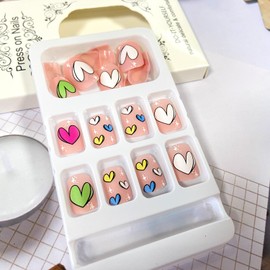 Matte Valentines Press on Nails Short Square Fake Nails Colorful Cartoon Heart Acrylic Nails with Design Reusable Stick on Nails Romantic Valentines Glue on Nails for Women