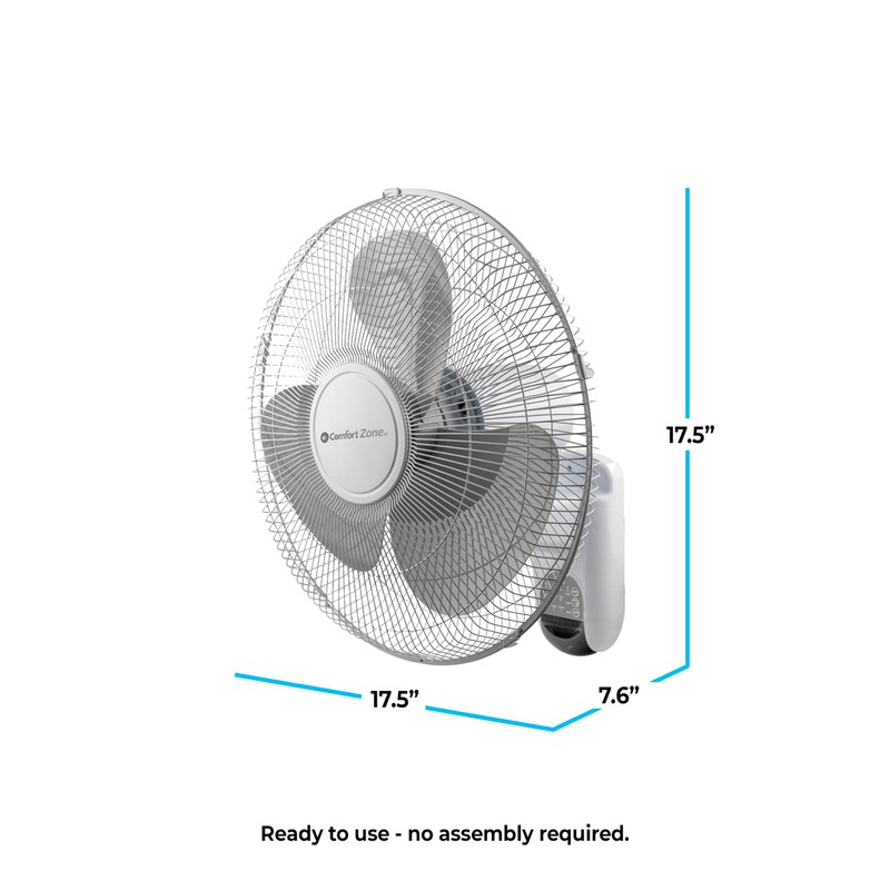 Comfort Zone 16-inch Wall Mount Fan with Remote Control, Quiet