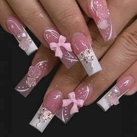 White Camellia False Nails - Pink Bow Tie & Love Heart Pearl Design - Artificial Acrylic Full Cover Coffin Nails - Glue On - 24 Pcs