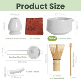 Kitinco Matcha Whisk Set with Matcha Drink Recipes Book – 7 Pcs Japanese Matcha Tea Set with Bamboo Whisk, Scoop, Sifter & Ceramic Bowl – Complete Matcha Kit for Tea Lovers