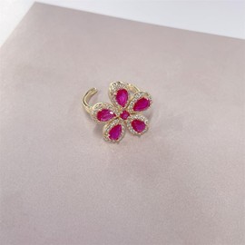 Dainty Pink CZ Flower Adjustable Open Rings for Women Sparkly Crystal Cubic Zirconia Floral 18k Gold Plated Statement Finger Band Engagement Promise Ring Comfort Fit Trendy Jewelry, 7, Copper Cubic