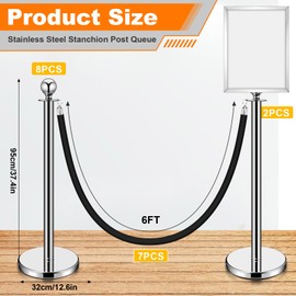 Blulu 8 Sets Stainless Steel Stanchion Set 8 Crowd Control Poles 7 Velvet Ropes and 2 A3 Sign Holders Carpet Ropes and Hollow Base Poles Easy Assembly Safety Barrier for Event Party (Silver)
