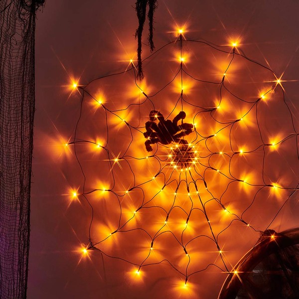 EAMBRITE Halloween Spider Web Lights with Plush Spider Spooky Indoor Decorations Light up Fake Spiderweb Decor Prop for Window Kids Party Haunted House (3FT/100CM)