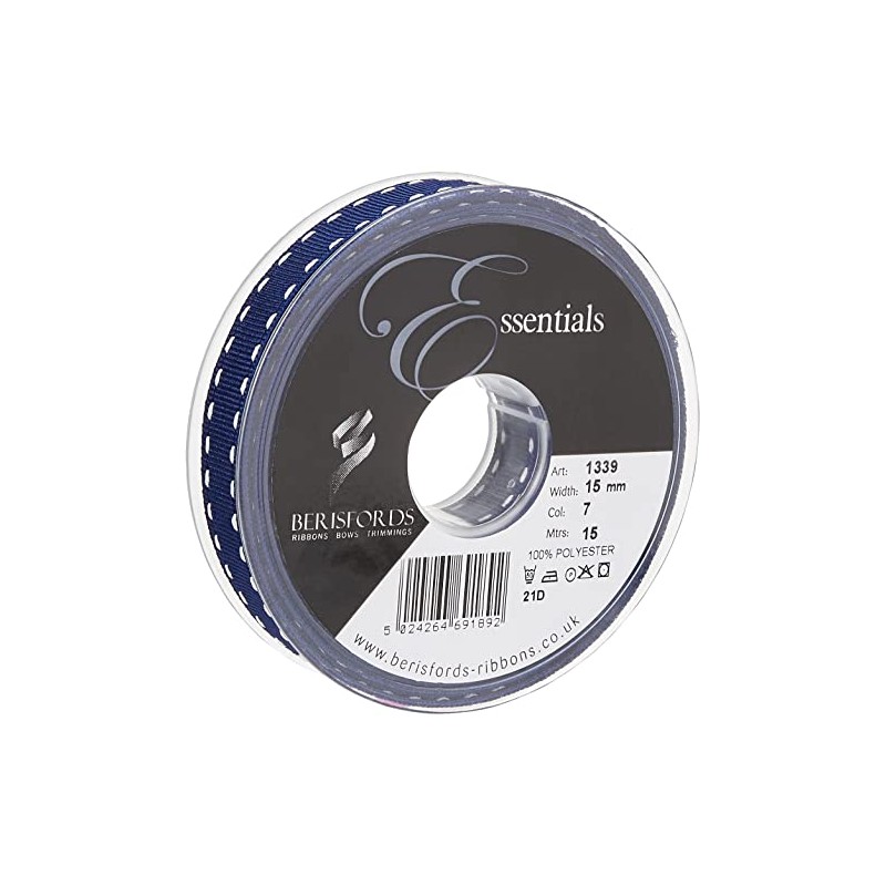 Berisfords 1339-NYW-15 15 mm Stitch Grosgrain Ribbon, Navy/White