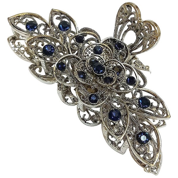 Women Fashion Retro Metal Alloy Rhinestone Large Size Fancy Hair Claw Jaw Clips Pins  for Thick Hair (Ink-Blue Colour 1)