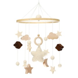 Litimkat Mobile Baby Bed, with Crocheted Stars, Moons and Clouds, Hanging Decorations, Baby Mobile for Bed, Wooden Mobile Baby Wind Chime, Gift for Baby Girls or Boys (A)