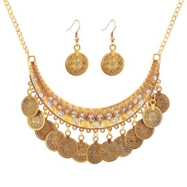 Bohemian Coin Chandelier Bib Necklace Earrings Set Gold Silver Plated Vintage Statement Gypsy Big Disc Coins Tassel Chic Rhinestone Jewelry Set for Women Boho Ethnic Style Festival Party Jewelry Gifts (Gold)
