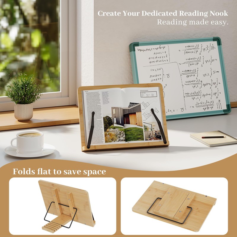Bamboo Book Stand, Adjustable Book Holder, Music Stand - Lightweight