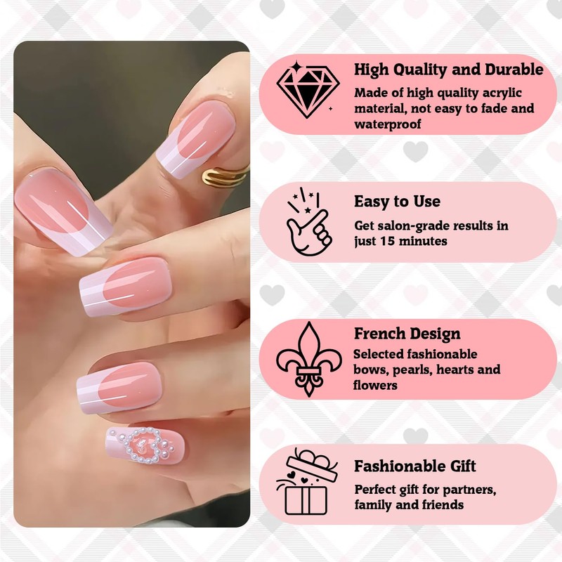 24Pcs French Tip False Nails, Elegant Pink Bow False Nails