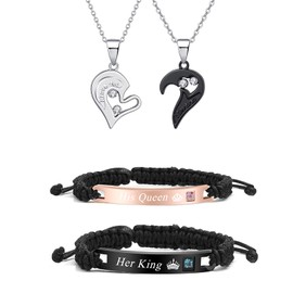 6PCS Couples Necklace Bracelets Set Valentines Day Decorations Gifts Moon Star Rings for Couples Relationship Couple Bracelet for Him Her Couple Gifts for Gfriend Briend Valentines Day Jewelry Accessories