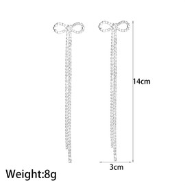 Long Rhinestone Bow Fringe Earrings for Women Gold Dainty Sparkly Crystal Bowknot Tassel Dangle Earrings Minimalist CZ Bow Earrings Wedding Jewelry (Silver)