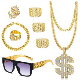GIFIKOI 80s 90s Hip Hop Costume Outfit Kit Fake Gold Bracelet Dollar Sign Necklace Kanji Ring Sunglasses Rapper Costume Accessories Set