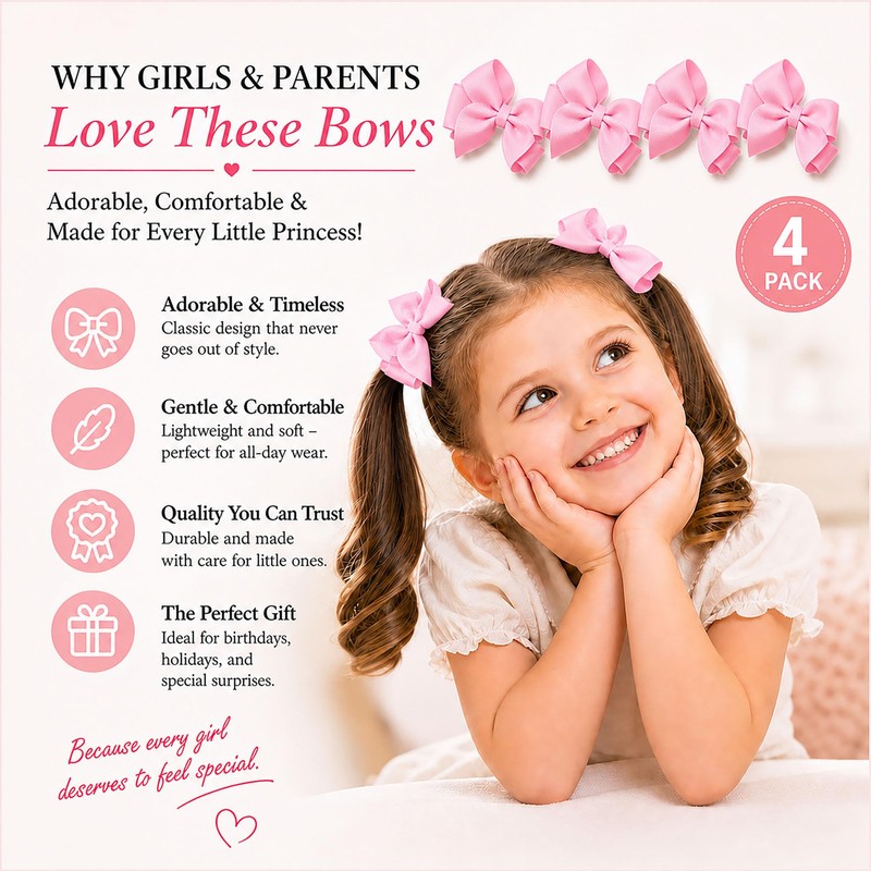 Hair Bows for Girls, 4 Pack 4 Inch Grosgrain Ribbon