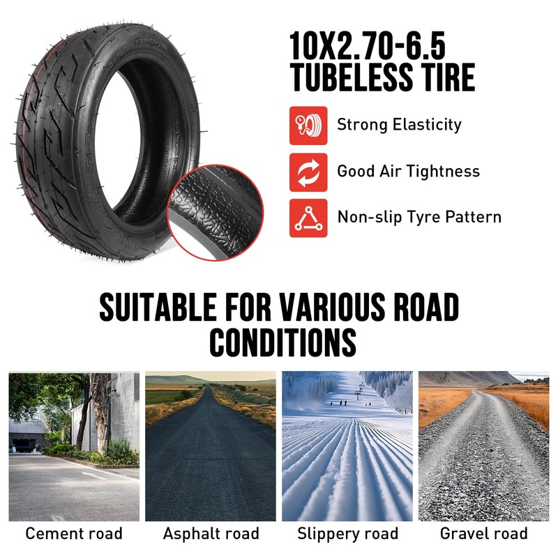 10x2.70-6.5 Scooter Tire,70/65-6.5 Tubeless Tire Electric Scooter Tires with Angled